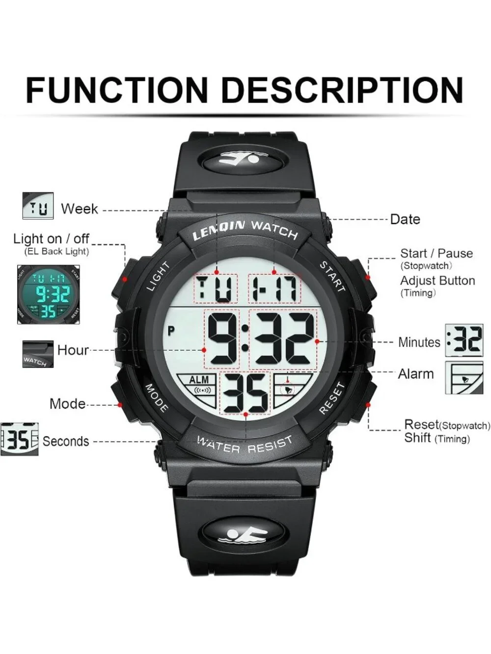 Men's Black Analog Quartz Sports Waterproof Tactical Digital Alarm Wrist Watch